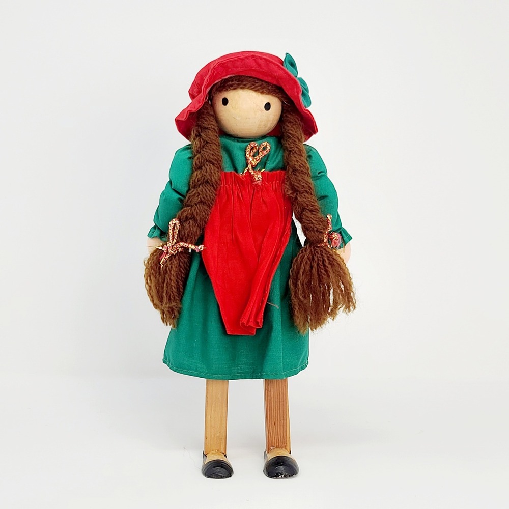 Folk‎ Art Doll European 12" Wooden Head Body  Red Yarn Hair Sit Stand Cottage